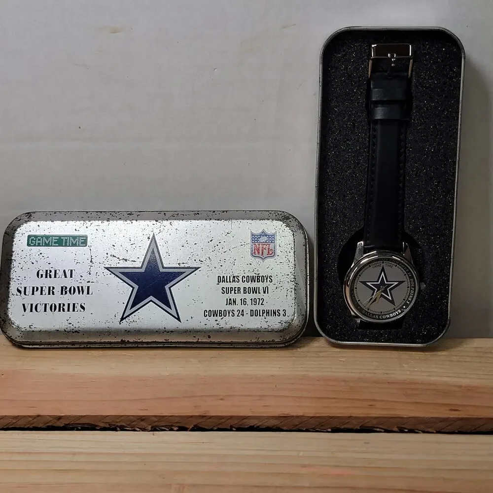 VTG Dallas Cowboys Super Bowl VI Watch w/ Leather Ban in Collectible Tin (1972)